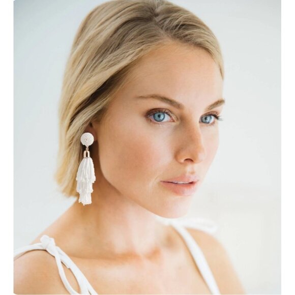 Panacea Anthropologie White Beaded Dangle Tassel Earrings White Drop Pierced - Picture 1 of 5